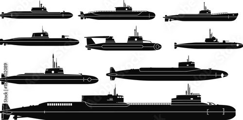 Submarine silhouette set, black naval icons, varied hull and sail designs, periscope and propeller profiles, underwater military vessel concept art