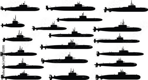 Submarine silhouette set, black naval icons, diverse hull and sail profiles, conning towers, periscopes, tail fins, underwater military vessel concept art