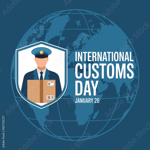 International customs day illustration featuring a customs officer holding a package in a shield over a global map, signifying global trade and security on january 26.