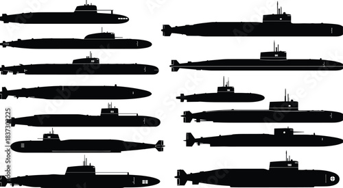 Submarine silhouette set, black naval icons, varied underwater vessel designs, sail structures, periscope profiles, military maritime concept art