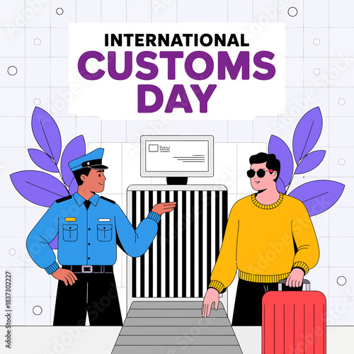International customs day celebration with a smiling officer and a traveler at airport security check, baggage inspection for global journey
