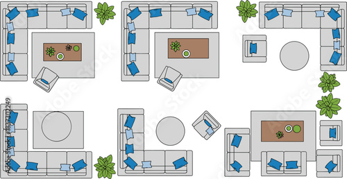 Top view living room layout set, sectional sofa arrangement, armchairs and coffee table decor, interior design inspiration, modern home planning visuals