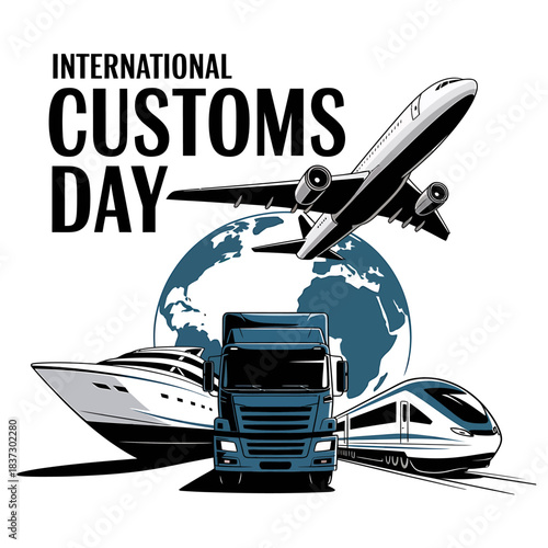 International customs day: global trade, logistics, freight, and transportation. featuring airplane, ship, truck, and train across continents.