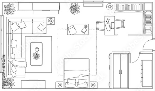 Top view room layout, bedroom living workspace, interior design plan, furniture arrangement, cozy multifunctional space, home decor, organized modern lifestyle
