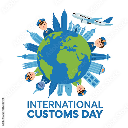 Global customs day celebration with diverse people famous landmarks and airplane illustrating international trade and travel