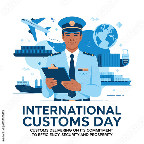 International customs day illustration celebrating global trade border control and efficient logistics with a customs officer and shipping elements