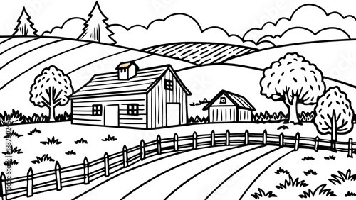 Very beautiful rural farm scene drawn in clean vector lines, featuring open fields, wooden fences, and soft rolling terrain. A calm countryside illustration capturing rustic charm and peaceful agricul
