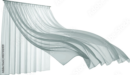 The image features a light gray, semi-sheer curtain gracefully cascading from a rod, creating an elegant and airy ambiance. The soft, flowing appearance of the curtain,Victor Illustrator Design