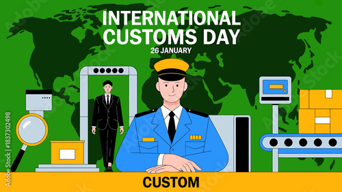 International customs day with global map, officer, security checks, and cargo. celebrating worldwide trade, border control, and secure international shipping.