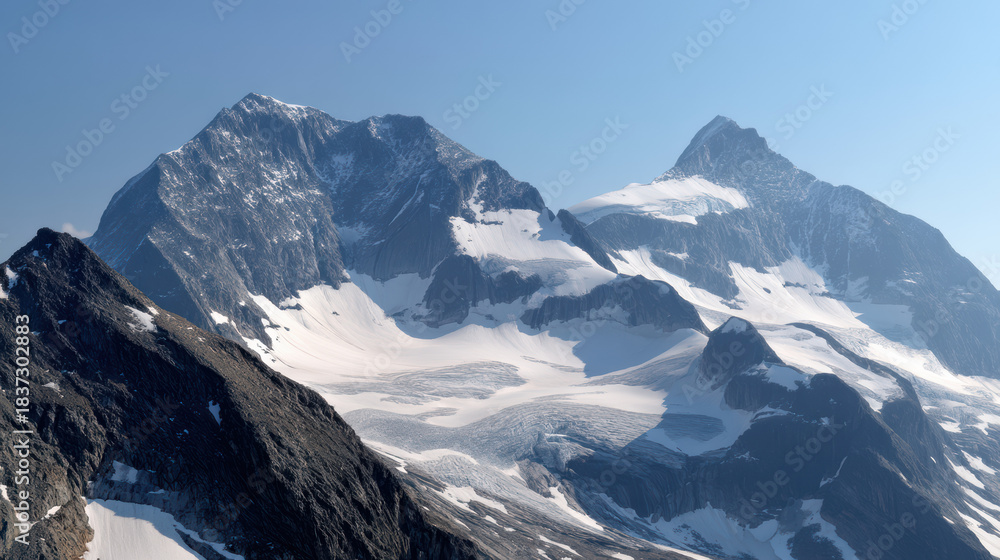 Fototapeta premium Majestic snow-capped mountain peaks reach towards the clear blue sky on a sunny day, displaying the rugged beauty of the natural alpine landscape above the treeline.