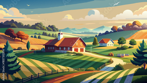 Very beautiful rural farm scene drawn in clean vector lines, featuring open fields, wooden fences, and soft rolling terrain. A calm countryside illustration capturing rustic charm and peaceful agricul