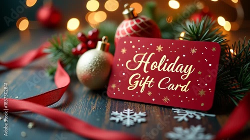 Red holiday gift card displayed on wooden surface, surrounded by christmas ornaments pine branches red ribbon gold baubles snowflakes and warm bokeh lights 