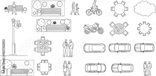 Urban park elements illustration, top view and side view city objects, people silhouettes, vehicles, benches, trees, street furniture, transportation icons, outdoor scene set