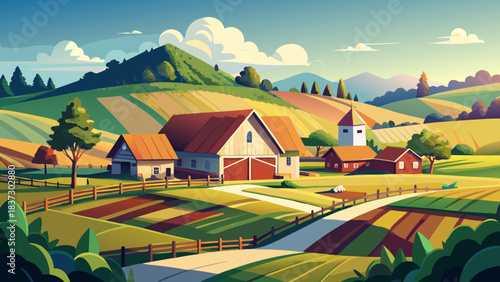 Very beautiful rural farm scene drawn in clean vector lines, featuring open fields, wooden fences, and soft rolling terrain. A calm countryside illustration capturing rustic charm and peaceful agricul