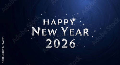 Dark blue image with the inscription Happy New Year 2026 in silver letters with sparkles, representing festive spirit, celebration, and future occasion