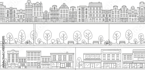 Urban streetscape line art, black and white city zones, residential facades, park elements, commercial storefronts, European architecture concept