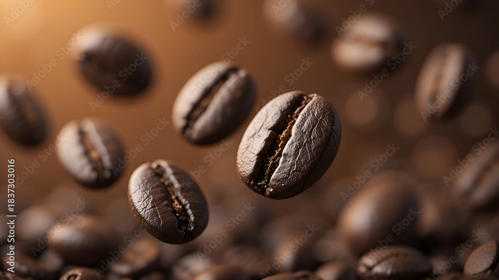 Fototapeta premium Dark Roasted Arabica Coffee Beans Falling in a Dramatic Close-Up Shot with Bokeh Effect on a Brown Background, Ideal for Cafe Menu Design, Food Packaging, and Blog Posts