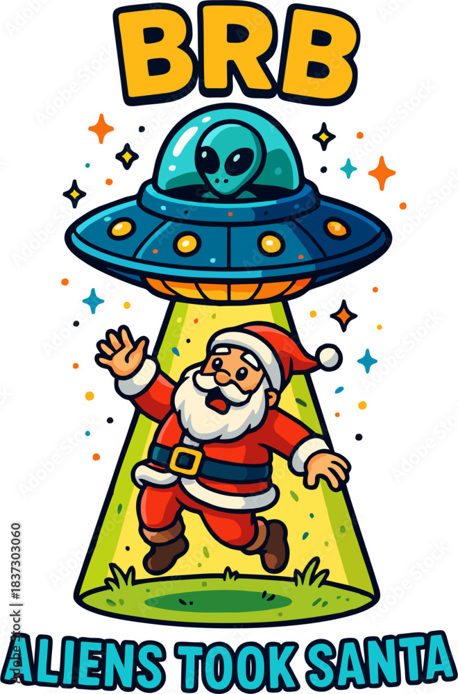 Φωτογραφία Cartoon Santa Claus waving joyfully as a green alien abducts him in a flying UFO with colorful stars and a beam of light
