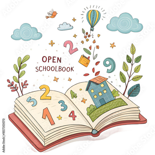 Whimsical open schoolbook illustration with numbers and elements