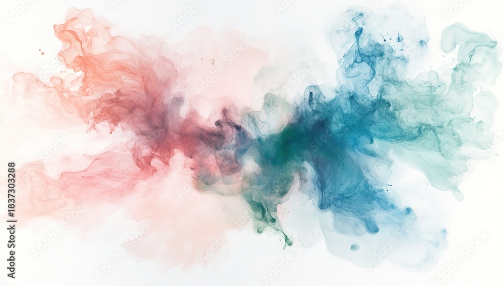 Obraz premium Watercolor background with pink, green, and blue color smoke in the center of a white paper, vector illustration, white background.