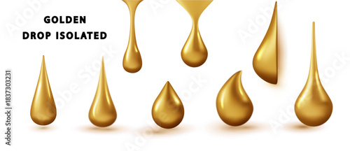 Realistic golden oil droplets isolated on white background. Glossy liquid drops with transparent reflections, perfect for cosmetic serum or essence packaging design.
