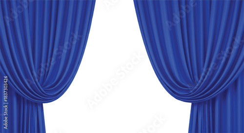 features a pair of thick, royal blue curtains that command attention with their rich color and luxurious texture. The curtains are styled in a draped or swagged manner Victor Illustrator Design