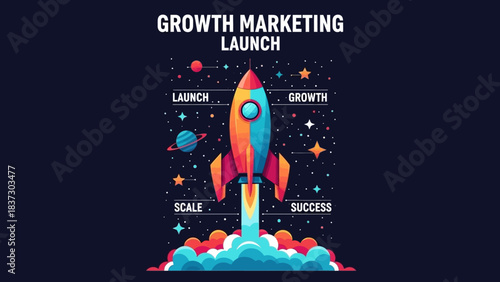 Growth marketing launch concept with rocket taking off into space, representing business startup, growth, scale, and success stages