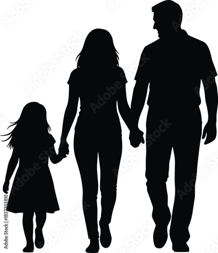 Silhouette of family walking together holding hands, symbolizing unity, love, support, bonding, parenting, childhood, and togetherness outdoors
