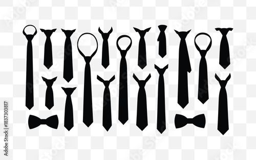 Collection of black silhouette tie shapes and bow ties on transparent background