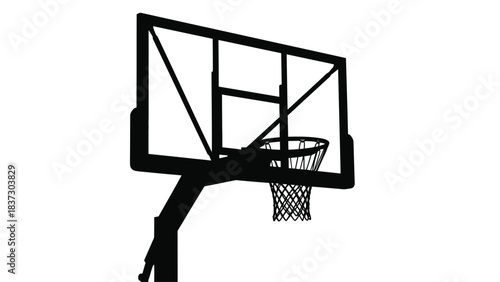 A simple black silhouette of a basketball hoop and net on white background