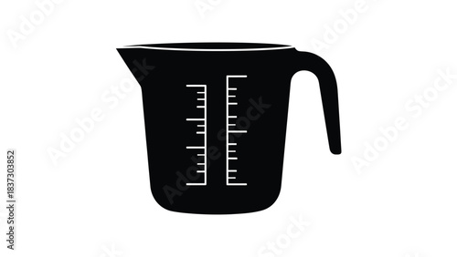 A simple black silhouette of a measuring cup with volume markings