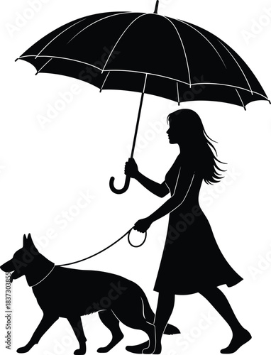 Silhouette of woman walking dog with umbrella, showing companionship, protection, calm weather scene, peaceful strolling moment outdoors