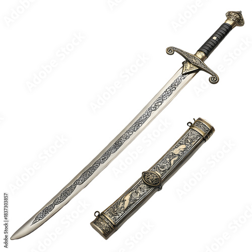Detailed medieval sword and scabbard with intricate engravings