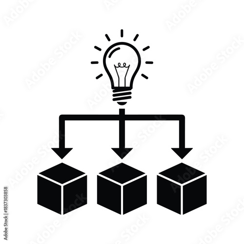 Black light bulb with radiating lines above three descending cubes idea innovation