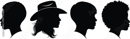 Silhouettes of diverse people in side profile, featuring different hairstyles and hat, representing variety, identity, uniqueness, and style