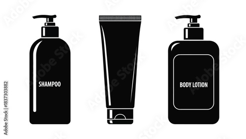 Black silhouette icons of shampoo lotion and body wash products displayed