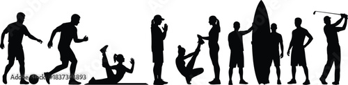 Silhouettes of people performing various sports and fitness activities, including soccer, surfing, golf, exercise, teamwork, and outdoor recreation