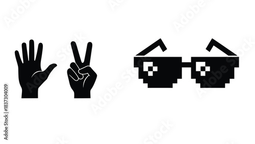 A playful illustration depicting a hand peace sign and pixelated sunglasses
