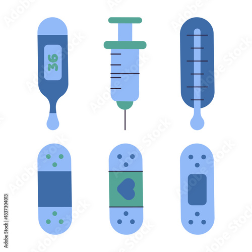 A set of flat icons related to medicine, syringes, patches, thermometers on a white background.