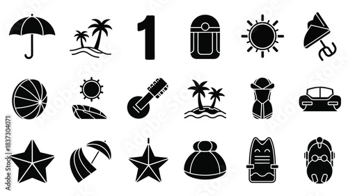 Collection of black silhouette icons representing summer travel and leisure