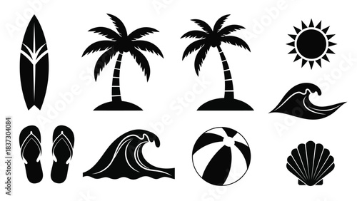 Black silhouette icons depicting a tropical beach scene with surfing elements