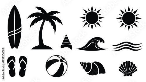 Summer vacation icons surfboard palm tree sun beach ball and ocean waves