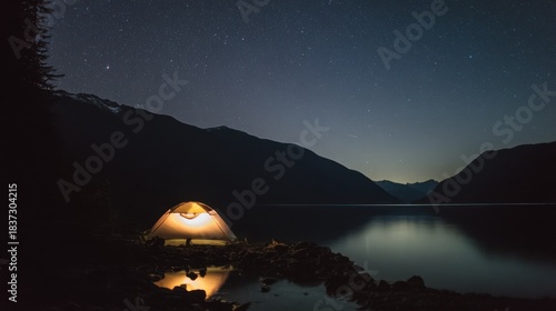 Tent by Lake Under Starry Night Sky