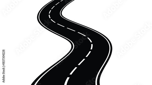 A winding black road with dashed white lane markings on a white background