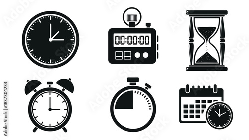 Various timekeeping devices including clocks hourglasses and timers illustrated in black