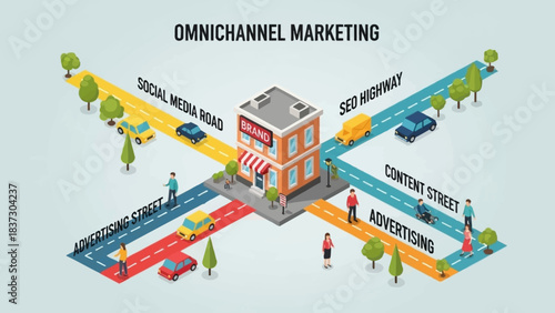 Omnichannel marketing concept with business building at crossroads of social media, seo, advertising, and content streets