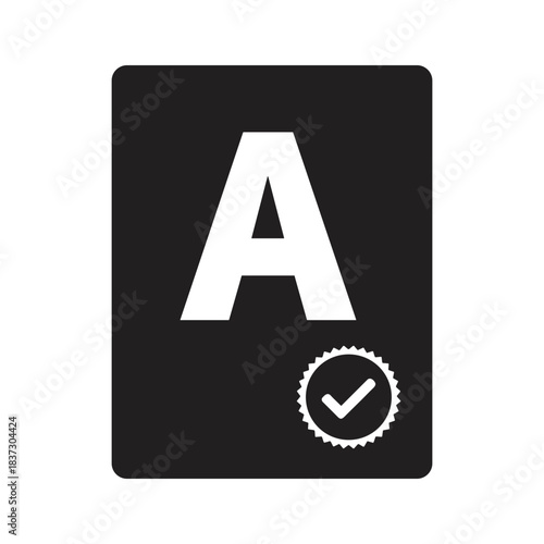 Black rectangle with white letter A and checkmark seal alphabet symbol