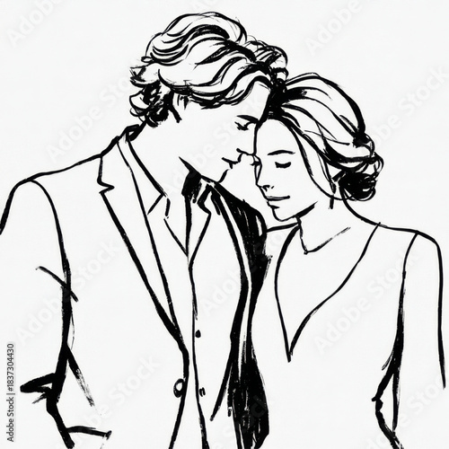  Ink illustration of a loving couple with a calm and intimate mood standing close to each other against a white background