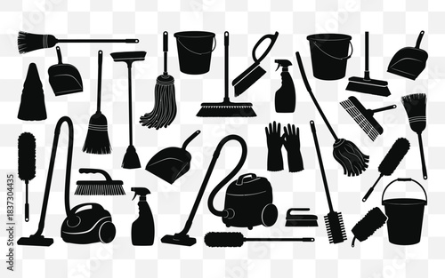 Black silhouette collection of various cleaning tools and household supplies isolated on white