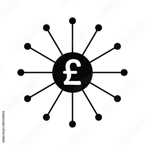 Black pound sterling symbol radiating from a central circle currency money